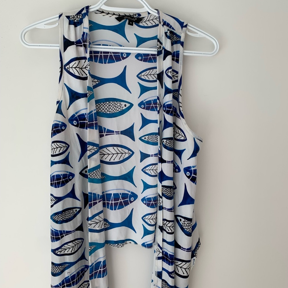 Blue and White Fish Pattern Sleeveless Top